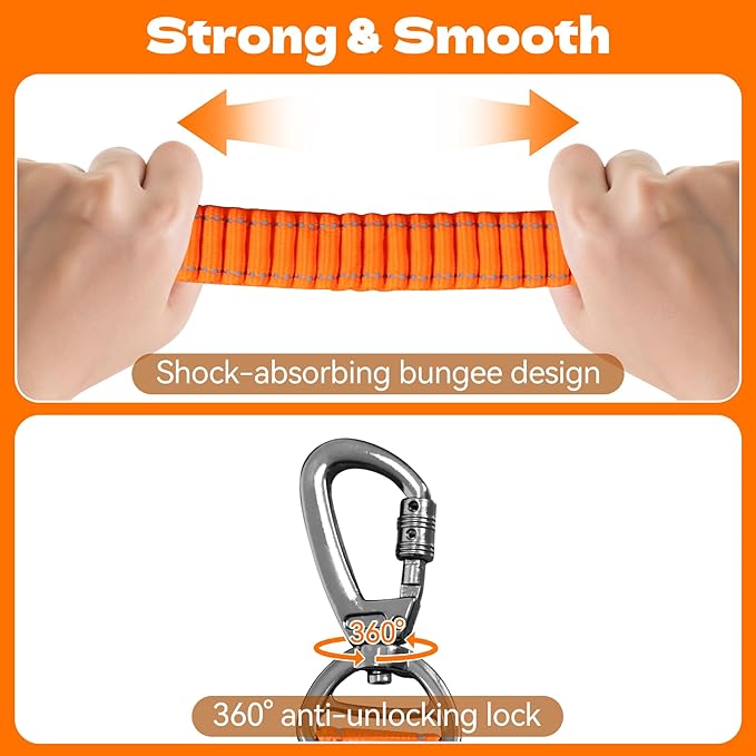 6-in-1 Hands-Free Dog Leash, Waist & Crossbody Bungee Lead with Dual Padded Handles, Bungee Shock Absorbing, Seat Belt Buckle, Reflective for Small Medium Large Dogs, Orange