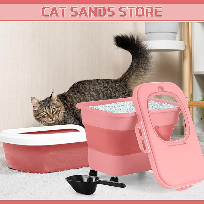 Juexica Collapsible Cat Litter Storage Bin Container with Rolling Casters, 20 Lbs Portable Cat Litter Storage Container with Airtight Lids, Shovel, Kitchen Cereal Rice Leakproof Sealable(Red)
