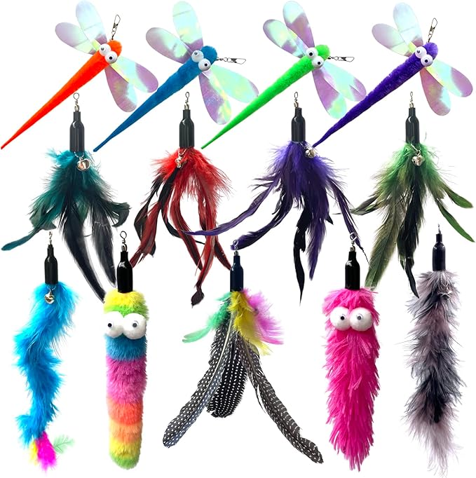 AcceLeah Cat Worm Toy Refills Cats Teaser Toys Wand Replacement Cat Wand Attachments 13Pcs Cat Worms and Dragonfly Refill,Cat Wand Toy Assorted Teaser Refills with Bell (13Pcs)