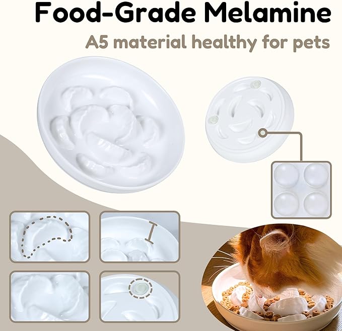 2 Pcs Cat Slow Feeder Bowl Set - Unbreakable Melamine Puzzle cat Bowl for Slow Eating - Cat Dish for Wet & Dry Food- Whisker Friendly & Dishwasher Safe & Non Slip Design - 6.3''W x 1.2''H (White*2)