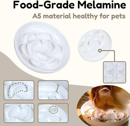 2 Pcs Cat Slow Feeder Bowl Set - Unbreakable Melamine Puzzle cat Bowl for Slow Eating - Cat Dish for Wet & Dry Food- Whisker Friendly & Dishwasher Safe & Non Slip Design - 6.3''W x 1.2''H (White*2)