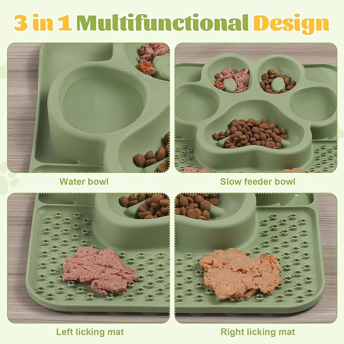 Silicone Slow Feeder Dog Bowls & Cat Bowls, 2 Cups Small Pet Food Bowl with Non-Slip Suction Base, Food-Grade Safe Puzzle Feeder for Small & Medium Dogs & Indoor Cats (Paw Lick Mat (Green))