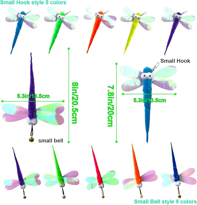 AcceLeah Cat Worm Toy Refills Cats Teaser Toys Worms and Dragonfly Refill,Cat Wand Toy Assorted Teaser Refills with Bell (10 Pcs Dragonfly Set)