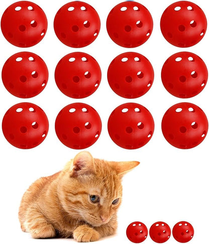 12Pcs Cat Ball Toy, Low Noise No Bells Holey Plastic Cat Balls, Funny Interactive Cats Toys for Indoor Cats, Firm Toy Balls for Kitten Puppy Ferret Bird (1.65", Red)
