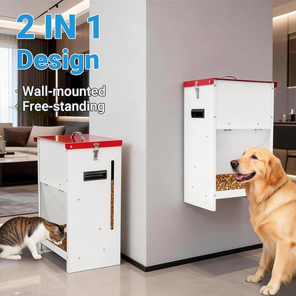 Metal Automatic Dog Feeder - 50LBS Capacity Automatic Gravity Dispenser, Powder Coated & Waterproof for Indoor & Outdoor Use, 16.1" L x 12.2" W x 27.8" H, Red and White