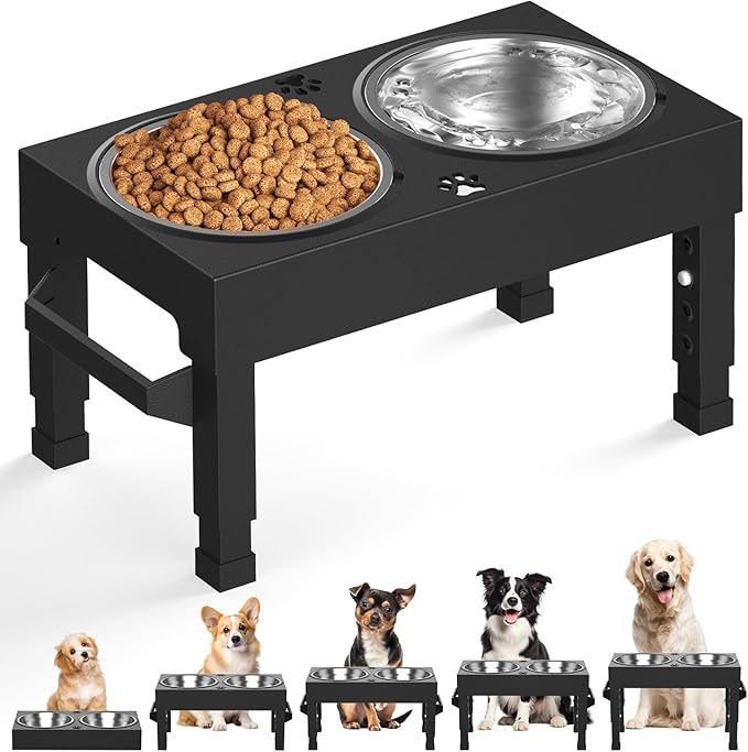 Elevated Dog Bowls, 4 Height Adjustable Raised Bowl Stand with 2 Stainless Steel 7" Food Feeder Bowls for Small Medium and Large Dogs （Plastic）