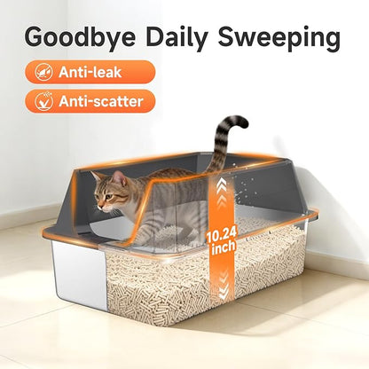 Stainless Steel Litter Box with High Sides, XL High Sided Cat Litter Pan, Open Top Extra Large Metal Cat Litter Box, Non-Stick, Odor Free, Leakproof, Scoop Included, Gray