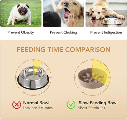 Ceramic 1.2 Cup Dog Bowl Slow Feeder, 7.3 inch Slow Pet Food Dish for Medium and Small Dog, Stop Bloat, Stop Bloat, Preventing Choking(Single Bowl, Brown Coffee)