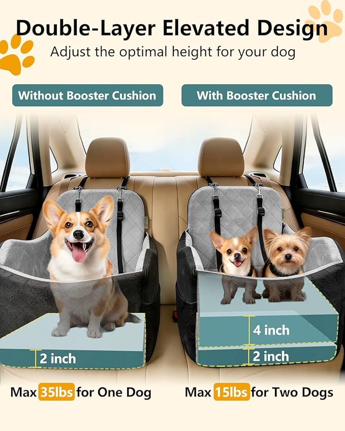 Dog Car Seat for Small/Medium Dogs Up to 35lbs, 2-in-1 Pet Car Seat with Memory Foam, Detachable Washable Dog Bed for Cars, Pet Booster Carseat with Storage Pockets Fits Front/Back Seats (Black/Grey)