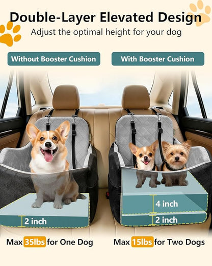 Dog Car Seat for Small/Medium Dogs Up to 35lbs, 2-in-1 Pet Car Seat with Memory Foam, Detachable Washable Dog Bed for Cars, Pet Booster Carseat with Storage Pockets Fits Front/Back Seats (Black/Grey)