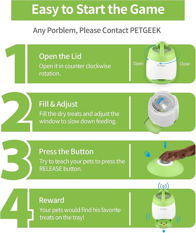 PETGEEK Dog Food Dispenser Toy, Interactive Pet Toys Treat Dispensing for IQ Training, Automatic Dog Treat Dispenser with Button Remote Push, Dual Power Supply for Indoor Outdoor Use, Green Color