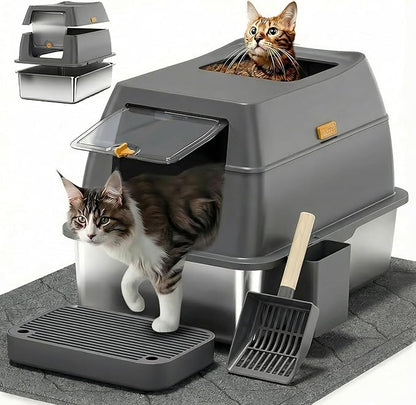 Stainless Steel Litter Box with Lid,Front Entry Top Exit Kitty LitterBox,Extra Large Enclosed Metal Cat Box with Litter Scoop & Litter Mat-Dark Gray