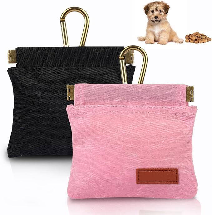 2Pcs Dog Treat Pouches for Pet Training, Hand Free Puppy Dogs Treat Bag with Carabiner, Portable Auto Closing Pet Dog Walking Bag for Travel or Outdoor Use, Pets Feed Snack Reward Pocket- Black, Pink