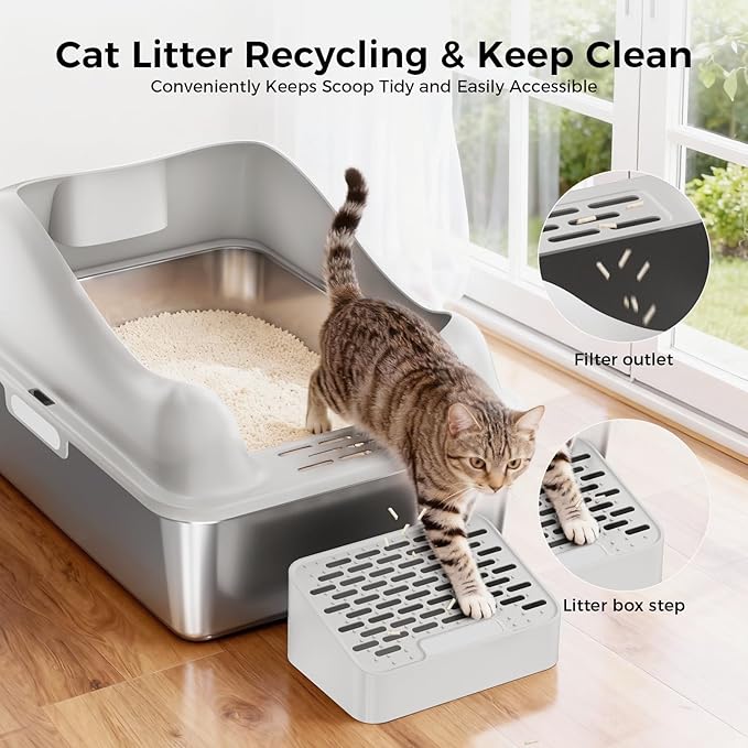 GTPLAYER Stainless Steel Litter Box for Big & Multiple Cats, EasyClean Odor-Resistant Design, High Sided Leak-Proof Litter Box withMat 8 Scoop- Grey 2 Pack