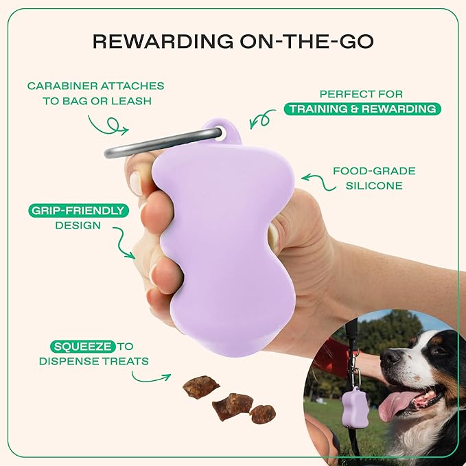 Springer Dog Treat Pouch for Effort-Free Squeeze Dispensing - Easy-Fill, Food-Grade Silicone Treat Pouches for Pet Training - Includes Carabiner-Lilac