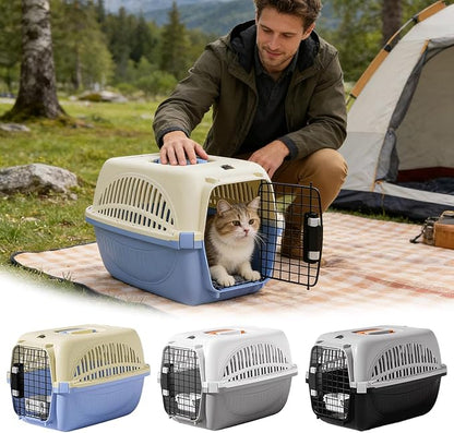 Dog and Cat Kennel Hard Sided, Pet Carrier for Mini Dogs and Cats, Portable Crate with Steel Wire Door, Water Bowl and Urine Separator for Car, Airplane, Outdoor (Grey)