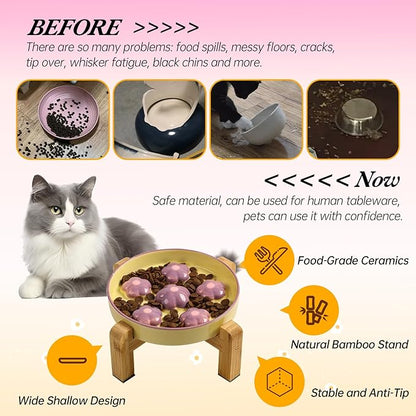 Elevated Slow Feeder Cat Bowl - Maze Puzzle Cat Food Dish with Bamboo Stand, Anti-Slip - Raised Base for Comfortable Eating - 6 OZ - Light Purple Flower