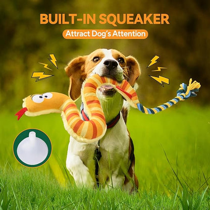 AUSCAT Plush Dog Rope Toy, Durable Squeaky Dog Toys for Puppy Small Medium Dogs (Not for Aggressive Chewers), Snake & Giraffe