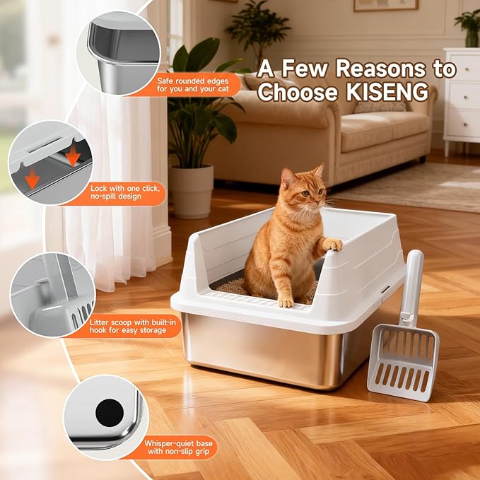 Stainless Steel Cat Litter Box, Odor Free Metal Litter Box with High Sides Lid, Open Top Low Entry Litter Pan Include Scoop Easy Cleaning Anti-Scratch Kitty Cat Box Anti-Urine Leakage, Non-Sticky, M