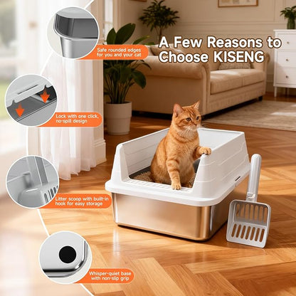 Stainless Steel Cat Litter Box, Odor Free Metal Litter Box with High Sides Lid, Open Top Low Entry Litter Pan Include Scoop Easy Cleaning Anti-Scratch Kitty Cat Box Anti-Urine Leakage, Non-Sticky, M
