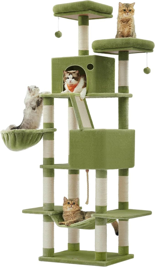 Feandrea Cat Tree, 81.1-Inch Large Cat Tower, Multi-Level Plush Condo with 13 Scratching Posts, 2 Perches, 2 Caves, Basket, Hammock, Pompoms, Green UPCT190C01
