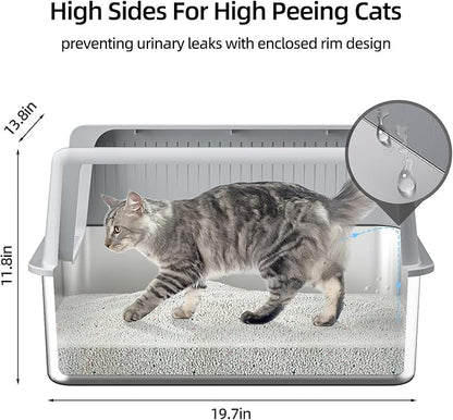 Stainless Steel Cat Litter Box with Lid,XL,19.7”L x 13.8”W x 11.8”H Deep,Metal Litter Box with High Side,for Small and Large Cats,with a Scoop and Scoop Storage Box Litter Mat Double,Easy Cleaning