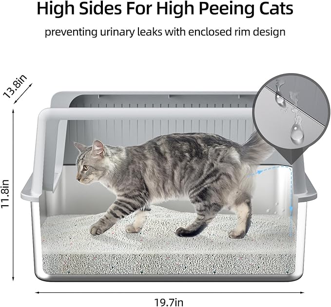 Stainless Steel Cat Litter Box with Lid,XL,19.7”L x 13.8”W x 11.8”H Deep,Metal Litter Box with High Side,for Small and Large Cats,with a Scoop and Scoop Storage Box Litter Mat Double,Easy Cleaning