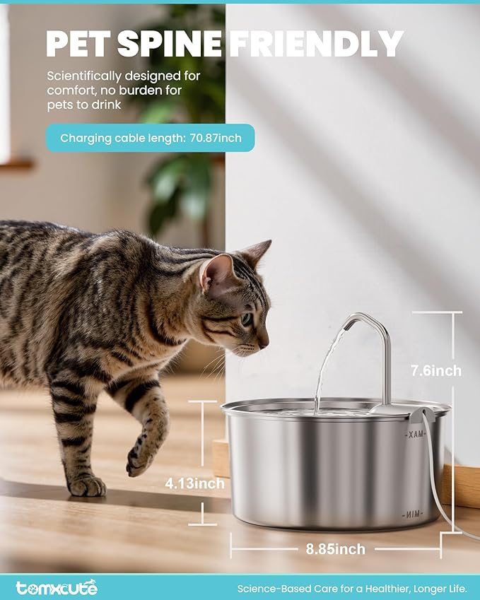 Cat Water Fountain Stainless Steel - 108oz/3.2L Large Capacity Cat Fountain for Drinking, Ultra Quiet Metal Pet Water Fountain for Cats, Dogs, Multiple Pets