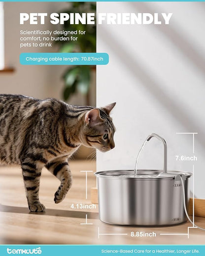 Cat Water Fountain Stainless Steel - 108oz/3.2L Large Capacity Cat Fountain for Drinking, Ultra Quiet Metal Pet Water Fountain for Cats, Dogs, Multiple Pets