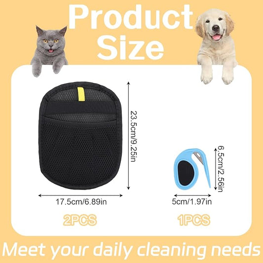 BOXOB 2pcs Five Fingers Pet Hair Removal Gloves, Double Sided Cat & Dog Grooming Cleaner Mitt Tool with Detangling Knife Reusable Electrostatic Pet Hair Remover Shedding for Couch Furniture Carpet