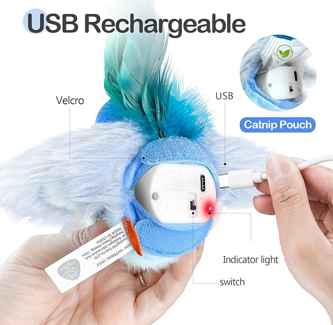 Migipaws Interactive Flapping Bird Cat Toys with Rod, clamp, Elastic String and Catnip, Automatic Chirping Toys for Indoor Cats to Chase, Hanging Feathers for Kitten to Self Play,Rechargeable(Blue)