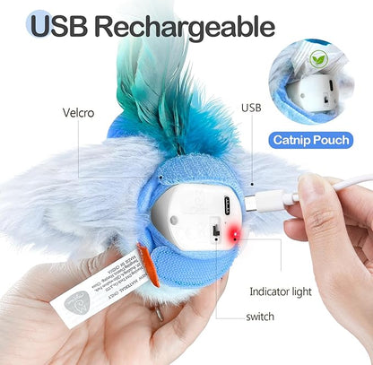 Migipaws Interactive Flapping Bird Cat Toys with Rod, clamp, Elastic String and Catnip, Automatic Chirping Toys for Indoor Cats to Chase, Hanging Feathers for Kitten to Self Play,Rechargeable(Blue)