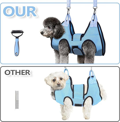 Dog Grooming Hammock, Cat/Small Dog Hammock for Nail Trim, Hanging Harness for Claw Care,Grooming Sling Holder Hanger with Thick Fabric Neck Support Wide Strap Restraint (Blue)