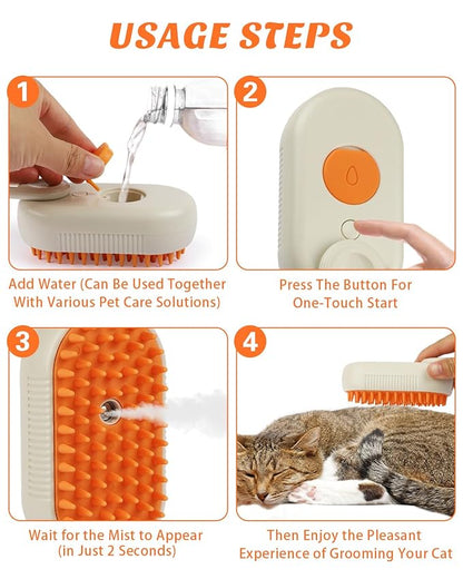 4 in 1 Cat Steam Brush for Shedding, Portable Anti-Static Grooming Comb for Cats & Dogs, Steam Misting Water Brush, Self-Cleaning Pet Hair Remover, Indoor Cat Spray Brushes for Cats & Dogs