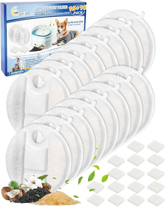 16PCS Cat Fountain Filter Replacement Compatible with Petlibro Water Fountain 2.1Gal/8L Capsule Dog Fountain PLWF008, Pet Water Fountain Filter Dog Water Bowl Fountain for Medium to Large Dogs