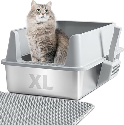 Stainless Steel Litter Box with Lid, XL Metal Litter Box,Extra Large Cat Litter Boxes for Big/Multiple Cats, Anti-Urine Leakage,Never Absorbs Odors,Non-Stick,Includes Scooper and Mat