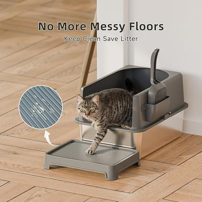 High-Sided Stainless Steel Cat Litter Box,Stainless Steel Litter Box with Lid,Extra Large Cat Toilet,Easy-to-Clean Metal Litter Pan for Cats (20''L X 14''W X 12''H with Scoop&mat)