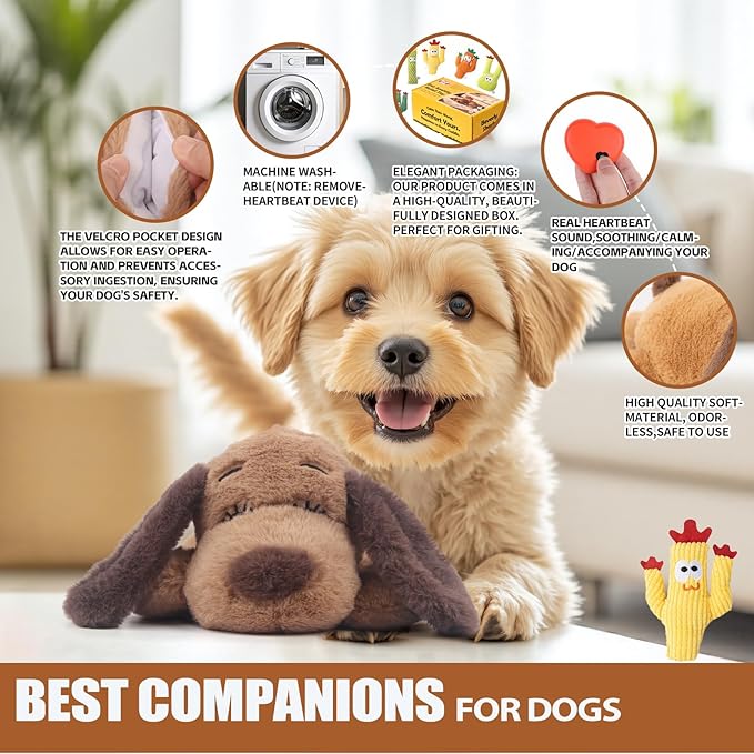 BEVERLYSHARK Puppy Heartbeat Toy Dog Anxiety Relief Sleep Calming Aid Heartbeat Stuffed Animal Behavioral Crate Kennel Training Heartbeat Plush Toy for Small, Medium, Large Dog Cat Brown-C