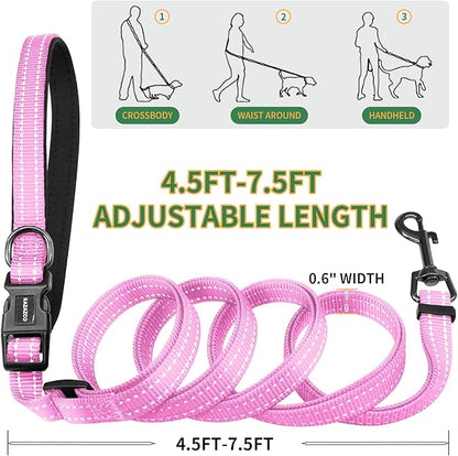 Kazazoo Hands-Free Dog Leash with Poop Bag Holder, Adjustable 4-7 Ft Waist for Dog Walking, Running for Small & Medium Dogs with Reflective Strips, Nylon Waist Belt, Pink