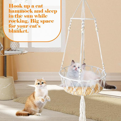 Macrame Cat Hammock Bed,Handwoven Hanging Boho Cat Bed with Hanging Kit for Indoor Outdoor Home Decor Ceiling Catio Swing for Playing Sleeping Climbing and Lounging(15.74x15.74x47.24IN)(L)
