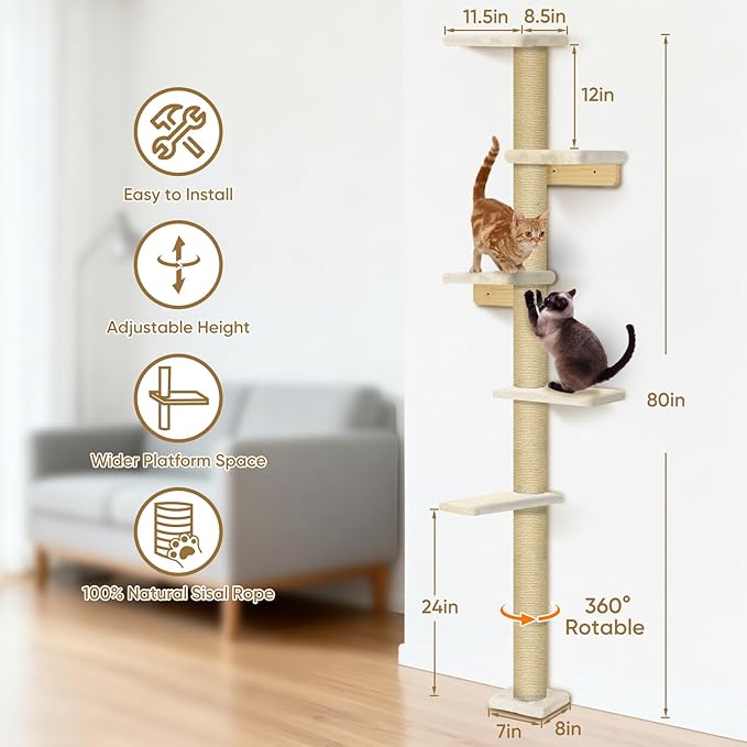 PAWSCRAT Wall-Mounted Cat Tree, 5 Tier Floor to Ceiling Cats Tower, 80 Inch Wall-Mounted Cat Scratching Post, Space Saving Cat Furniture and Easliy Climb for All Cats, Beige