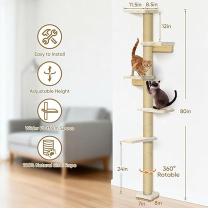 PAWSCRAT Wall-Mounted Cat Tree, 5 Tier Floor to Ceiling Cats Tower, 80 Inch Wall-Mounted Cat Scratching Post, Space Saving Cat Furniture and Easliy Climb for All Cats, Beige