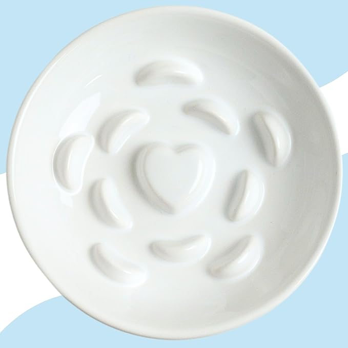 Ceramic Slow Feeder Cat Bowl, Raised Puzzle Feeder, Anti Vomiting Cat Slow Feeder, Elevated Food Bowl, Whisker Friendly Cat Bowl (White)