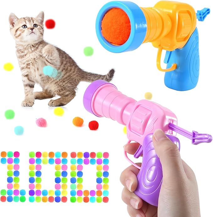 102Pcs Cat Ball Toy Launcher Gun，Cat Balls Fetch Toy - Includes 100 Colorful Plush Cats Balls and 2 Exciting Launchers Set，for Bored Indoor Adult Cats, Cute Kitten Kitty Toys