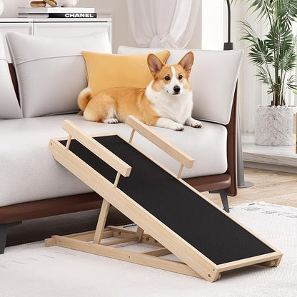 Dog Ramp for Bed, Couch, Car, Folding Pet Ramps 44.48" Long Adjustable 15"-22" Wooden Stairs with Anti-Slip Rubber Mat & Safety Side Rails for Small & Medium Old Dogs & Cats, up to 200 lbs