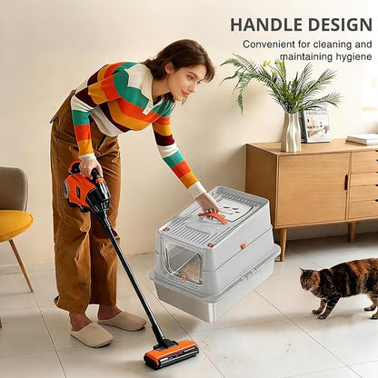 Stainless Steel Cat Litter Box, XL Enclosed Cat Litter Box with Lid, Easy to Clean High-Sided Metal Kitty with Top Entry, Scoop, Mat, Brush & Foot Pedal-Light Gray