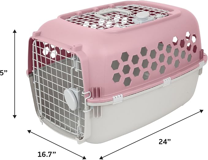 2-Door 24" Plastic Portable Dog Kennel, Pink – Lightweight Travel Crate for Small Dogs & Cats, Indoor/Outdoor Use with Secure Latches