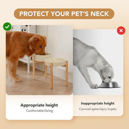 Ceramic 3.2 Cup Raised Slow Feeder Dog Bowl Set, Elevated 8.2inch Bowl and 9.5inch Slow Pet Food Dish with Wooden Stand for Large Dog (2 xLight Yellow+ Stand)