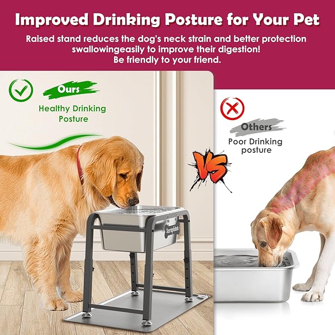 2.8 Gallon Elevated Large Dog Water Bowl with Mat, 4 Height Adjustable 10.4-15.2", Raised Dog Water Bowl Stand for Large Breed