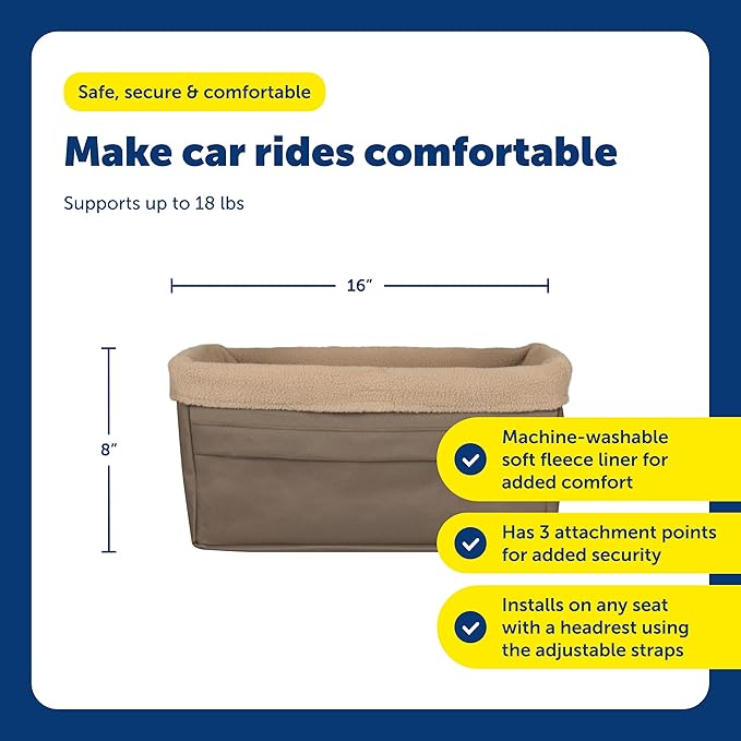 PetSafe Happy Ride Booster Seat for Dogs - Open Road Comfort - Safe Tether System - Zipper Pouch Dog Seat - Machine Washable Fleece Liner - Easy Install Design - Brown - Up to 12 lb